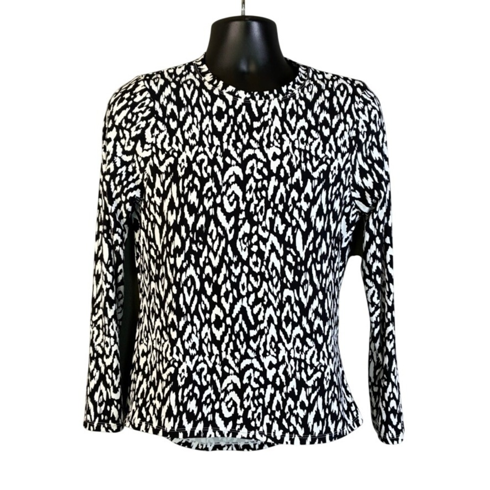 NWOT Leilani Womens Medium Black White Abstract Print Long Sleeve Top Crew Neck